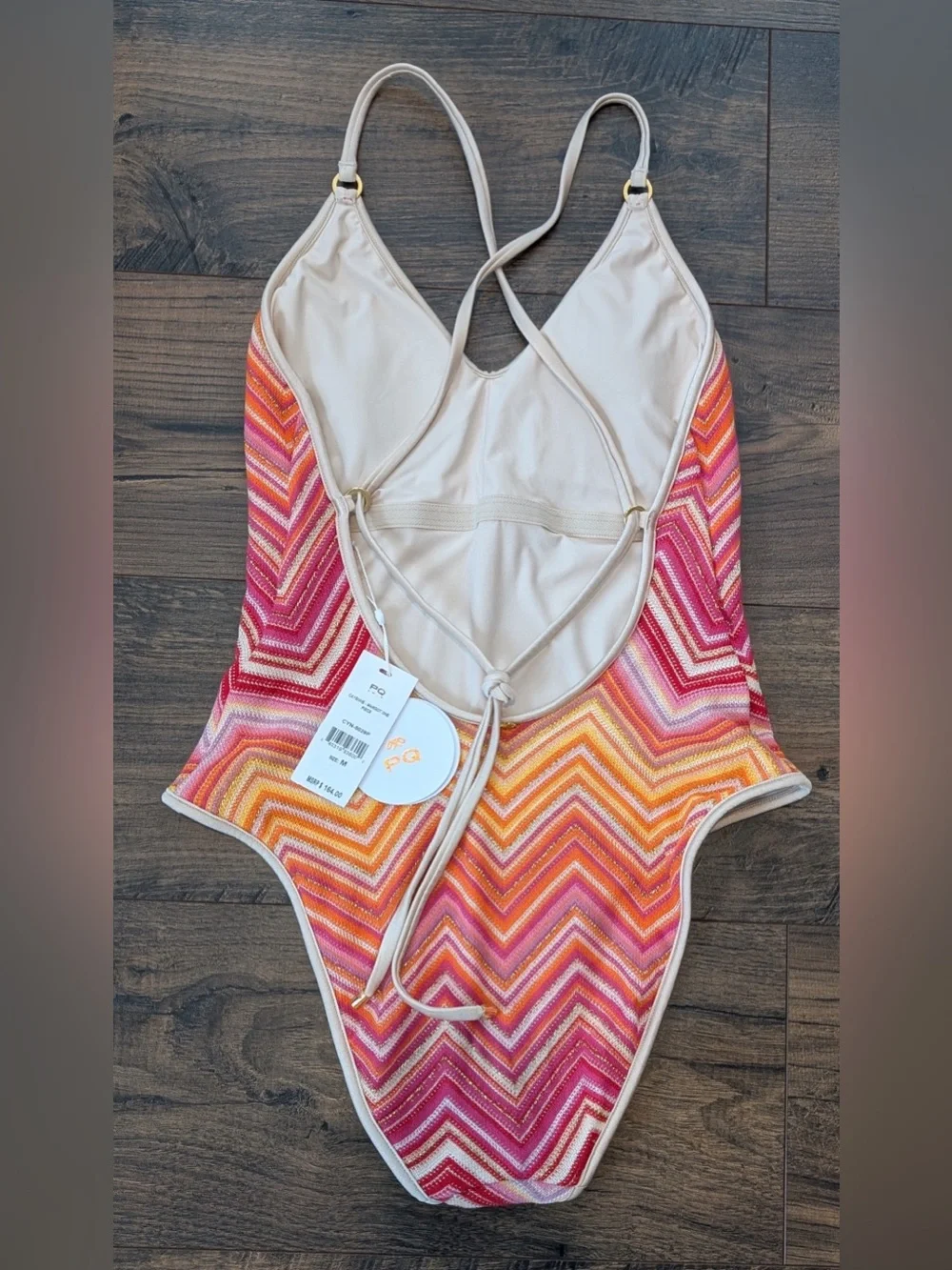 PQ Swim Women’s Margot One Piece Chevron Pink Orange Metallic Knit NWT Size Med